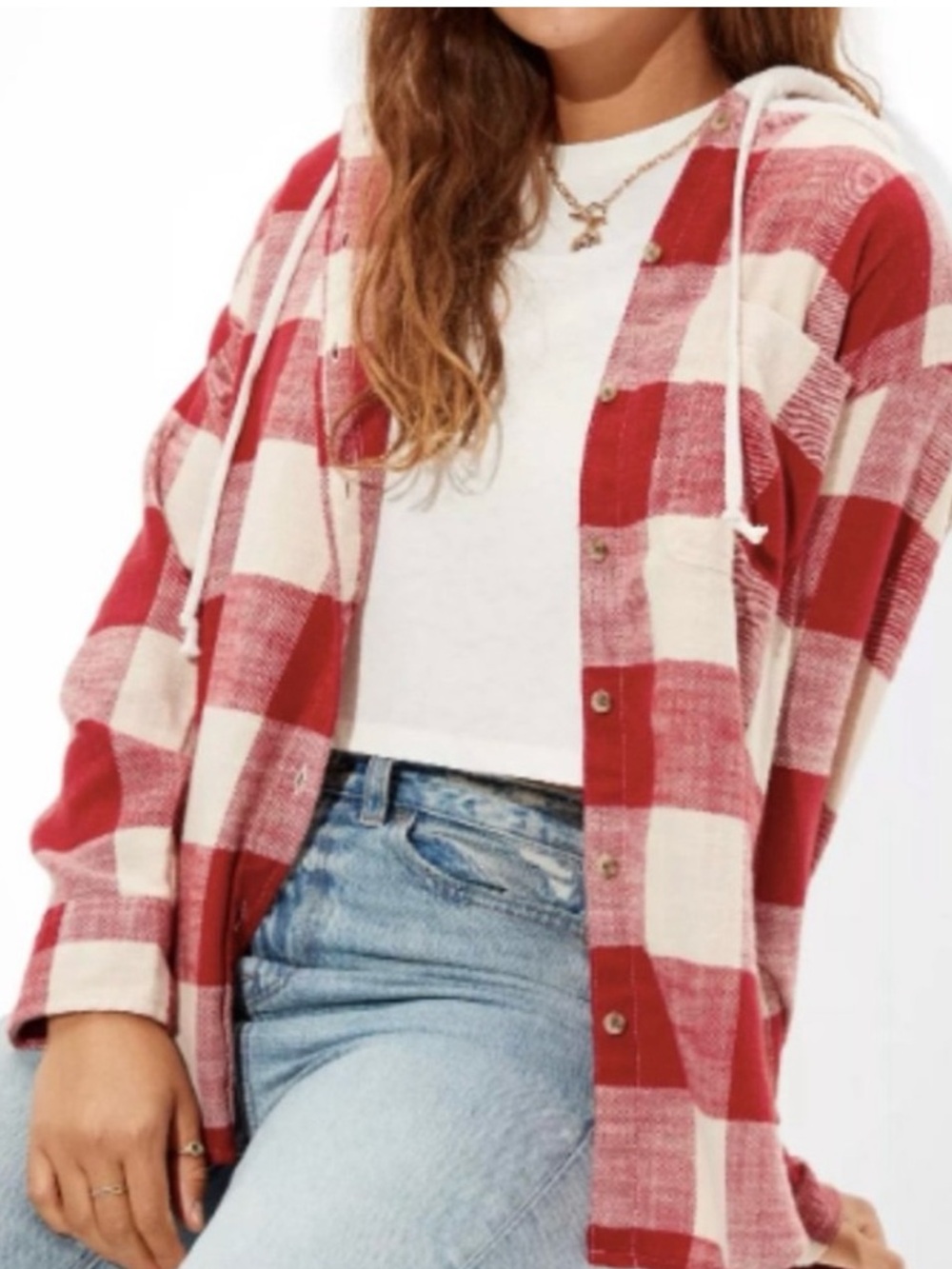 American Eagle Women's Red/Cream Plaid Flannel Hooded Button Up Shirt